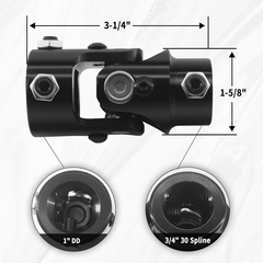 Junta universal de dirección negra de 1" DD x 3/4-30 estrías, eje de junta universal simple, longitud total: 83 mm (3-1/4")