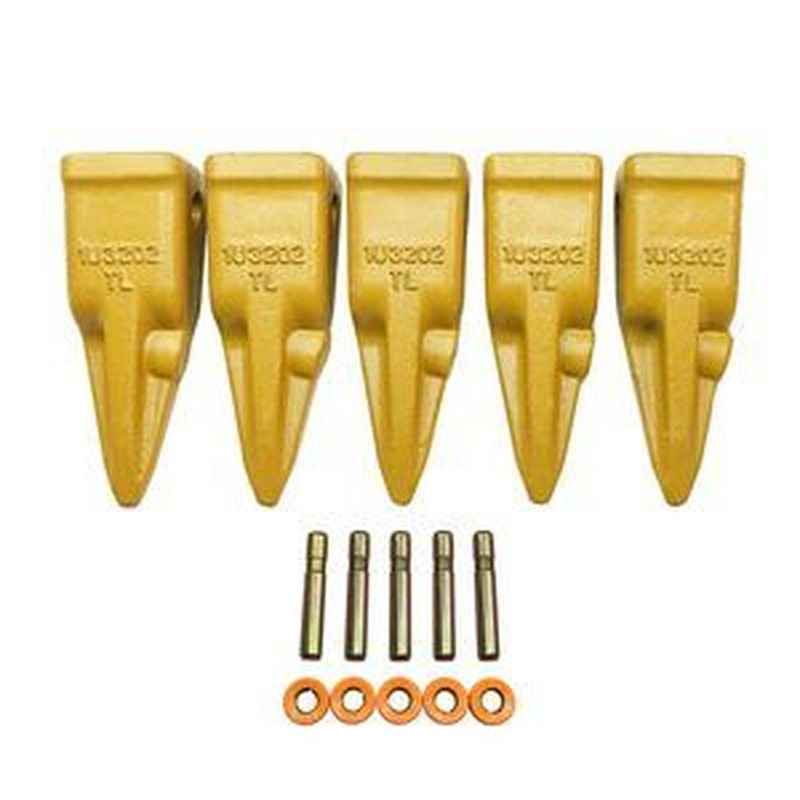 5-Piece J200 Bucket Teeth 1U-3202 with Pins 8E-6208 & Retainers 8E-6209 for Caterpillar Loader