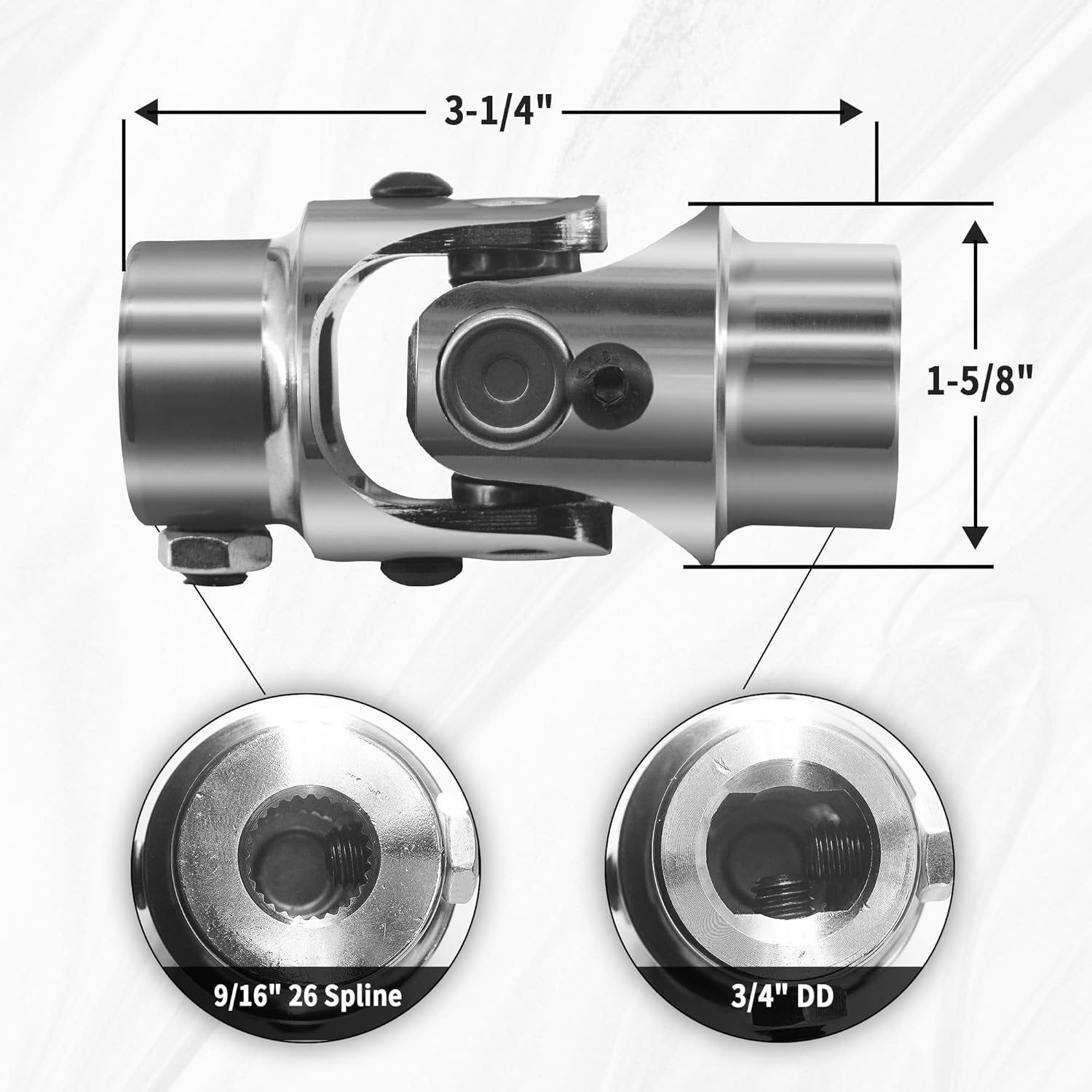 9/16"-26 Spline X 3/4" DD Chrome Steering Universal Joint Single U Joint Shaft,Total Length: 83mm (3-1/4")