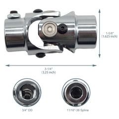 11/16-36 X 3/4" DD Chrome Steering Universal Joint Single U Joint Shaft,Total Length: 83mm (3-1/4")