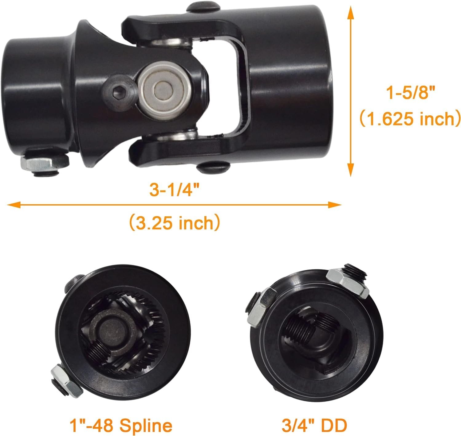 1"-48 Spline X 3/4" DD Black Steering Universal Joint Single U Joint Shaft, Total Length: 83mm (3-1/4")