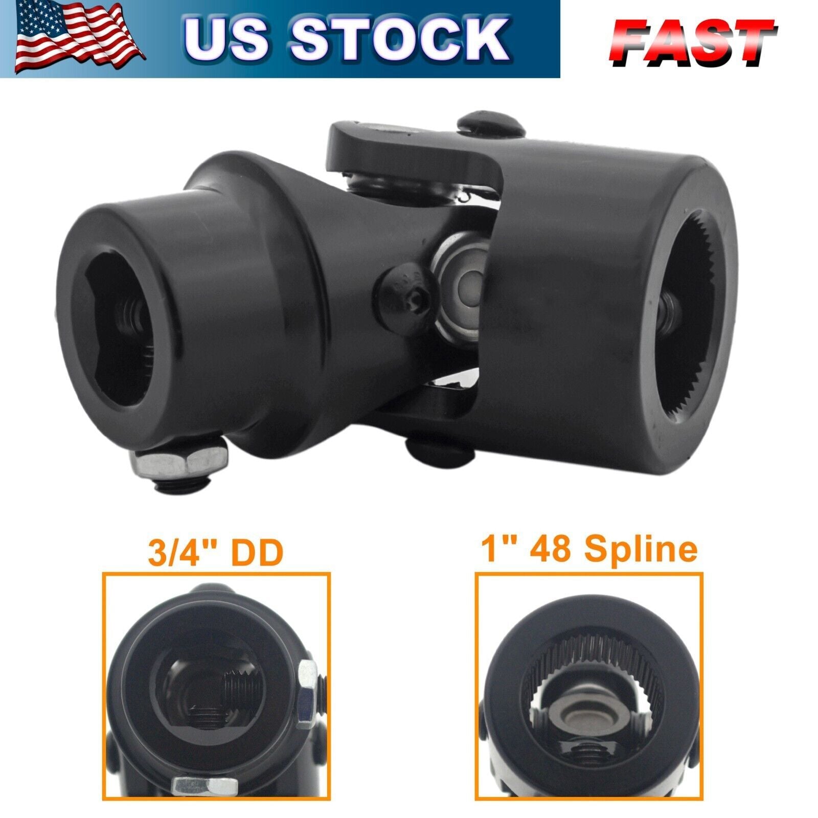 1" 48 Spline X 3/4" DD Steering Shaft Steering Column U Joint Coupler Black NEW - Buymachineryparts