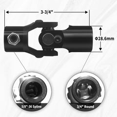 BUYMACHINERYPARTS 3/4" Round x 5/8"-36 Spline Black Steering Universal Joint Single U Joint Shaft,Total Length: 96mm (3-3/4")