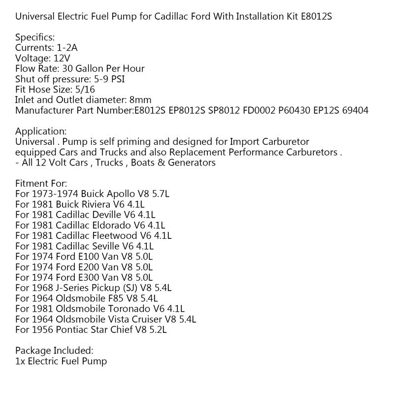 Automotive Universal Electric Fuel Pump & Installation Kit E8012S for buick cadillac  ford